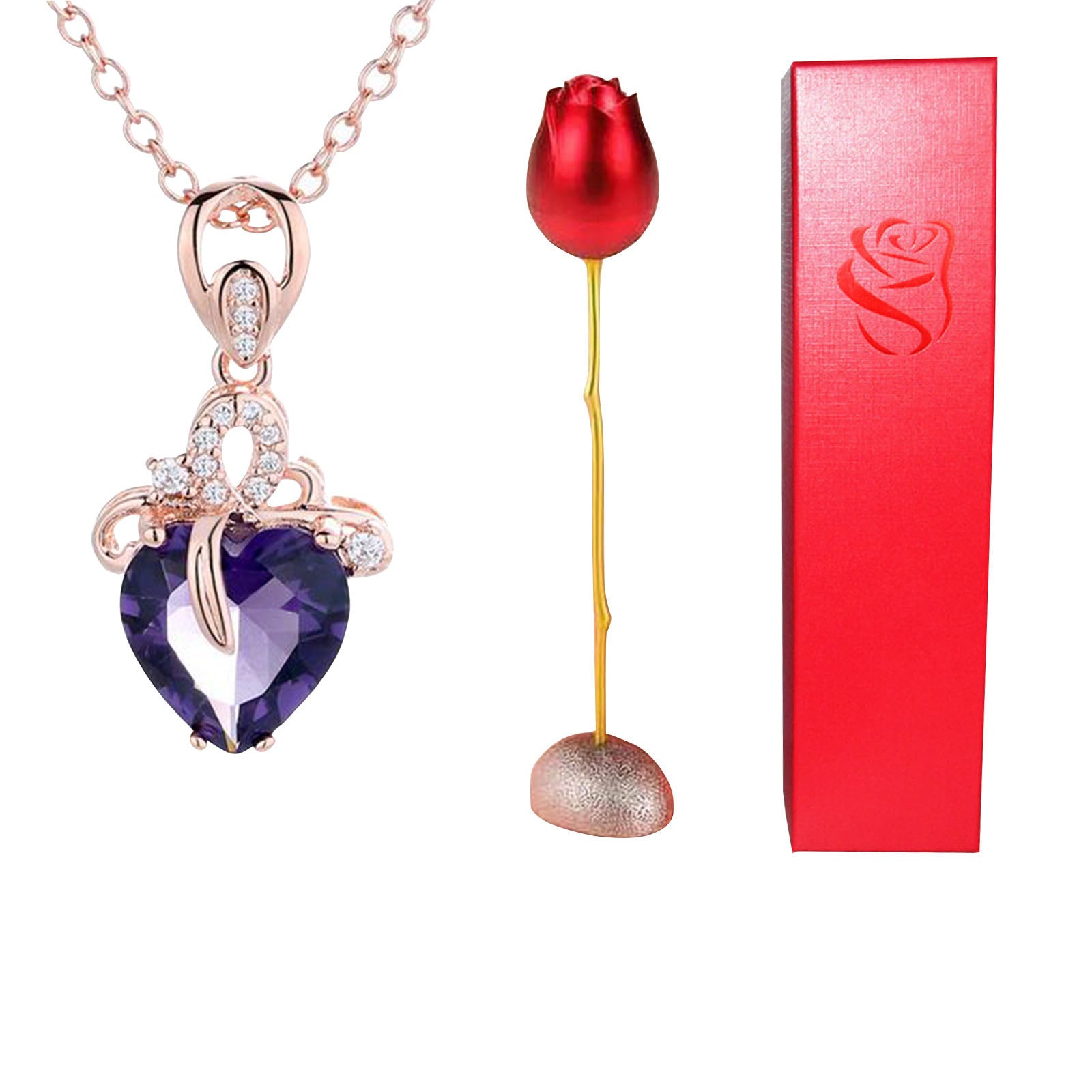 Valentines Day Gift Heart Shaped Blue Purple Crystal Diamond Pendant Rose Head Necklace - ❤️Princess Store❤️