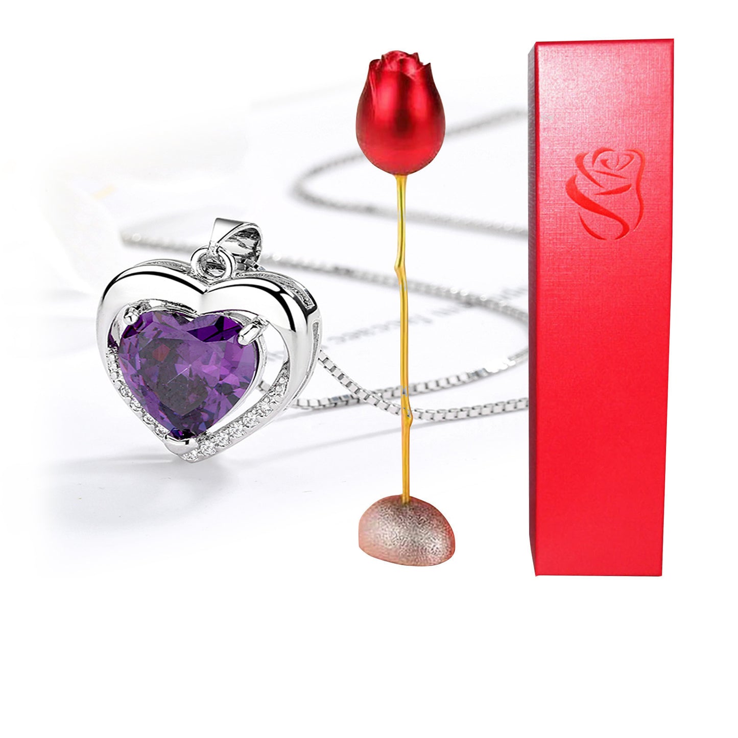 Valentines Day Gift Heart Shaped Blue Purple Crystal Diamond Pendant Rose Head Necklace - ❤️Princess Store❤️