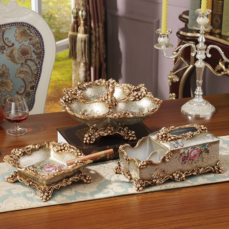 European-style Fruit Plate Three-piece Coffee Table Decoration Ashtray Tissue Box Set - ❤️Princess Store❤️