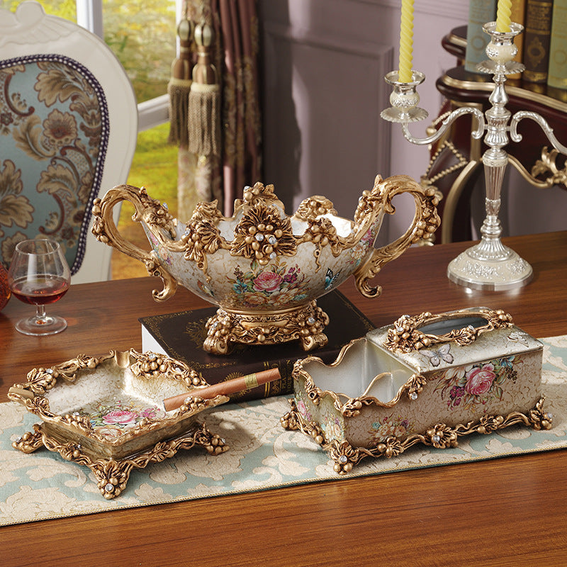 European-style Fruit Plate Three-piece Coffee Table Decoration Ashtray Tissue Box Set - ❤️Princess Store❤️