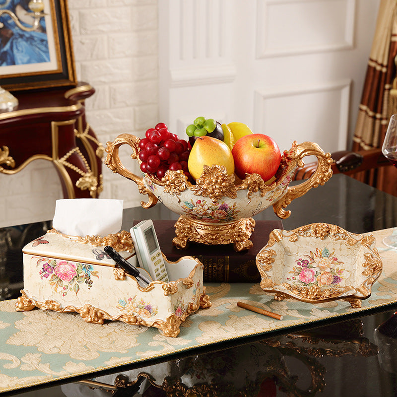 European-style Fruit Plate Three-piece Coffee Table Decoration Ashtray Tissue Box Set - ❤️Princess Store❤️