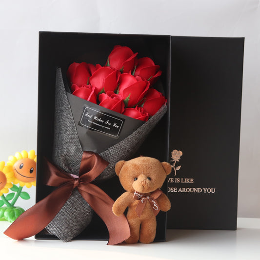 Geschenkbox mit 9 Rosen aus Seife & Plüschbär – Romantisches Geschenkse - ❤️Princess Store❤️