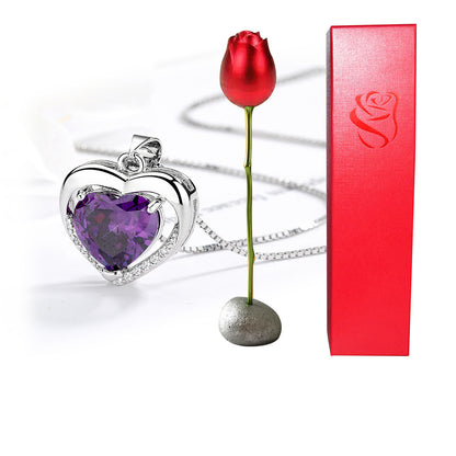 Valentines Day Gift Heart Shaped Blue Purple Crystal Diamond Pendant Rose Head Necklace - ❤️Princess Store❤️