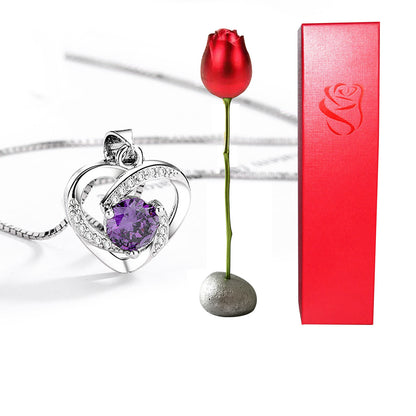 Valentines Day Gift Heart Shaped Blue Purple Crystal Diamond Pendant Rose Head Necklace - ❤️Princess Store❤️