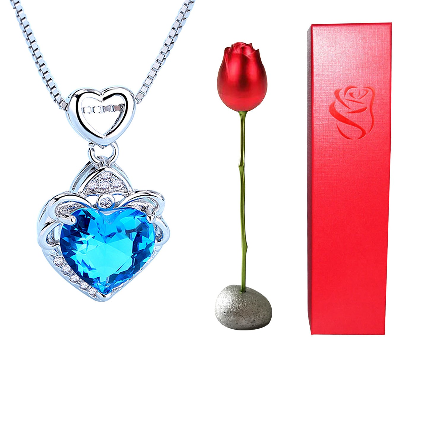 Valentines Day Gift Heart Shaped Blue Purple Crystal Diamond Pendant Rose Head Necklace - ❤️Princess Store❤️