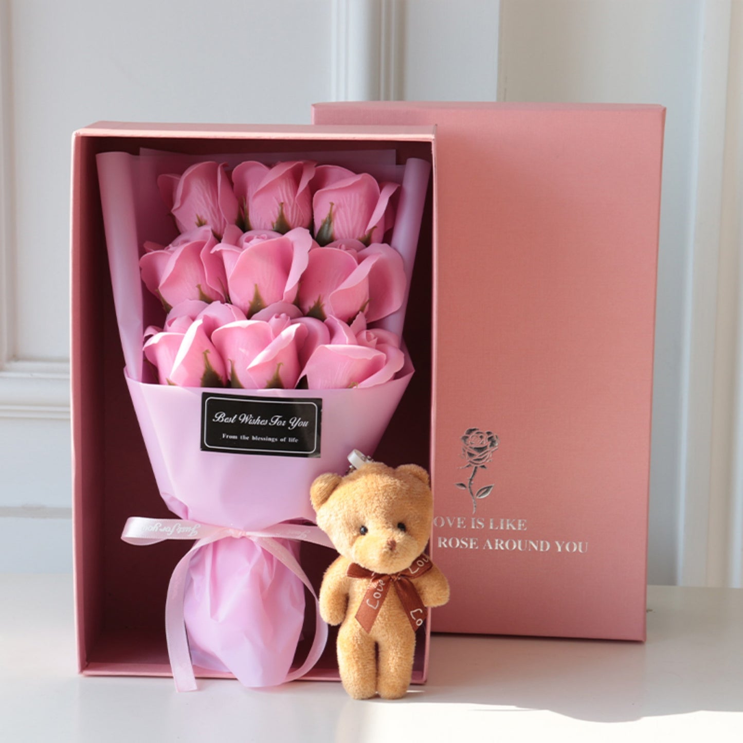 Geschenkbox mit 9 Rosen aus Seife & Plüschbär – Romantisches Geschenkse - ❤️Princess Store❤️